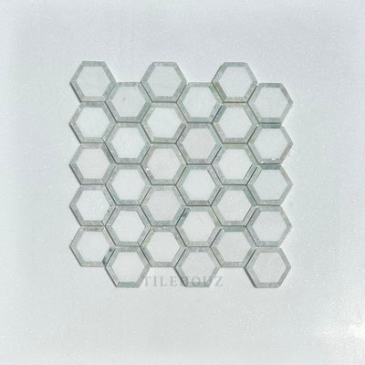 Thassos White Marble 2.5X2.5 Vortex Hexagon Mosaic W/Ming Green Border Polished&Honed