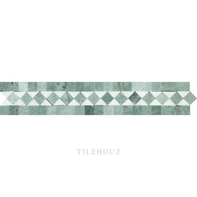 Thassos White Marble 2 X 12 Bias Border W/ Ming Green Dots Polished&honed Mosaic Tiles