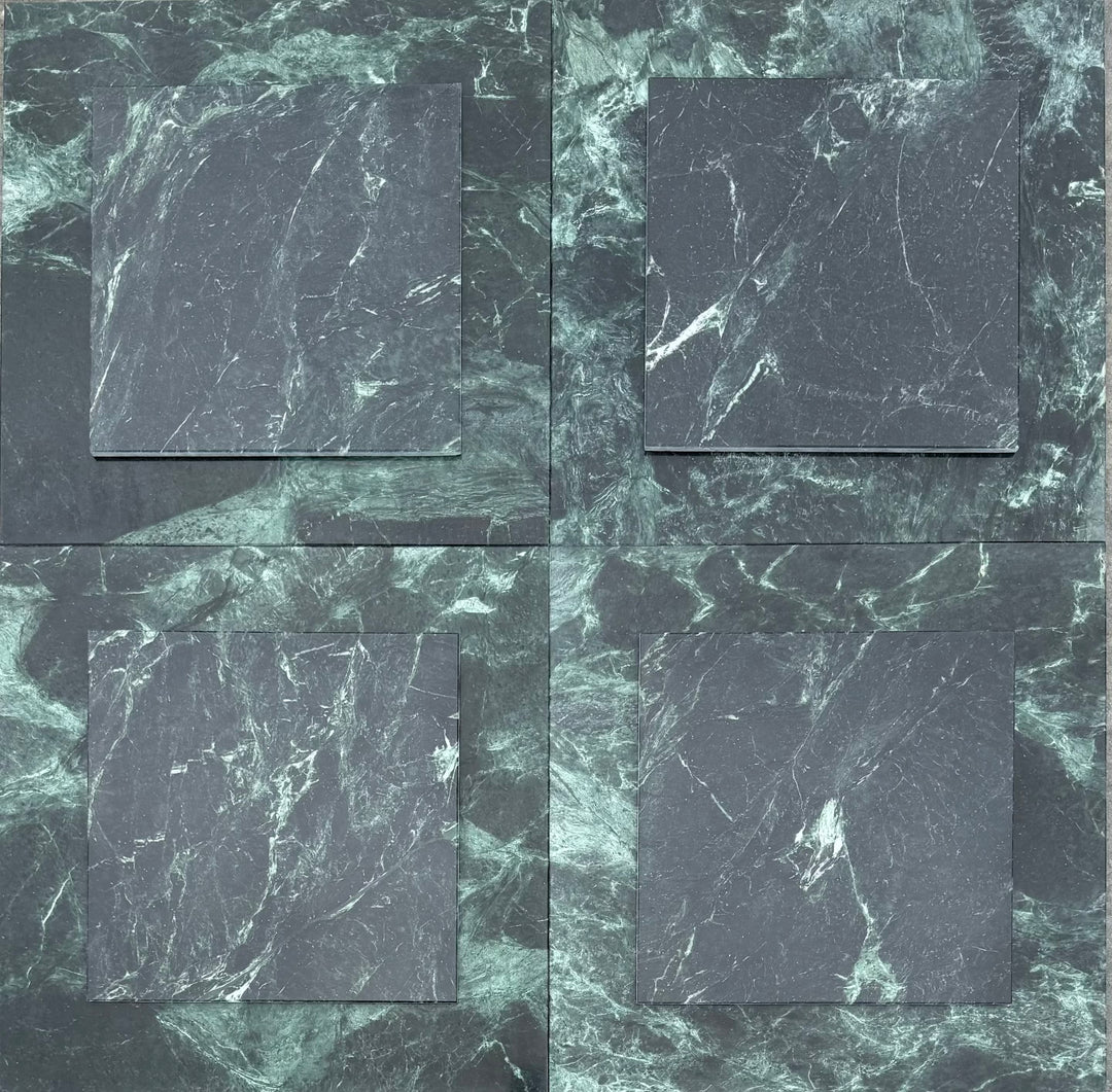 Empress Green Marble tile mosaic with dark green slabs and white veining.