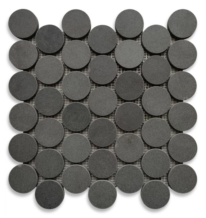 Black Basalt Stone circular mosaic tiles on mesh backing for natural stone tile and mosaics.