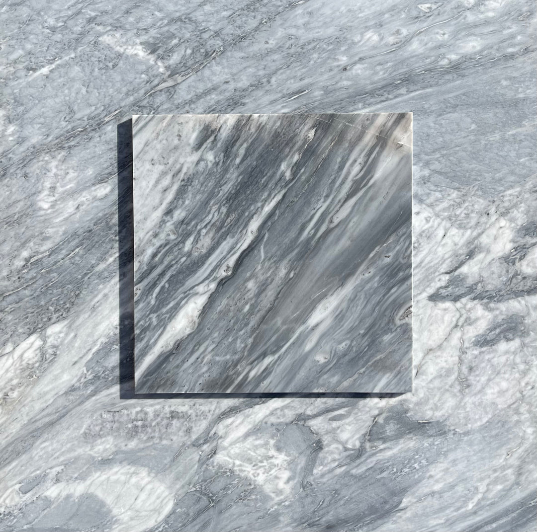 Bardiglio Nuvolato marble slab with cloud-like veining in deep grey from Carrara, Italy.
