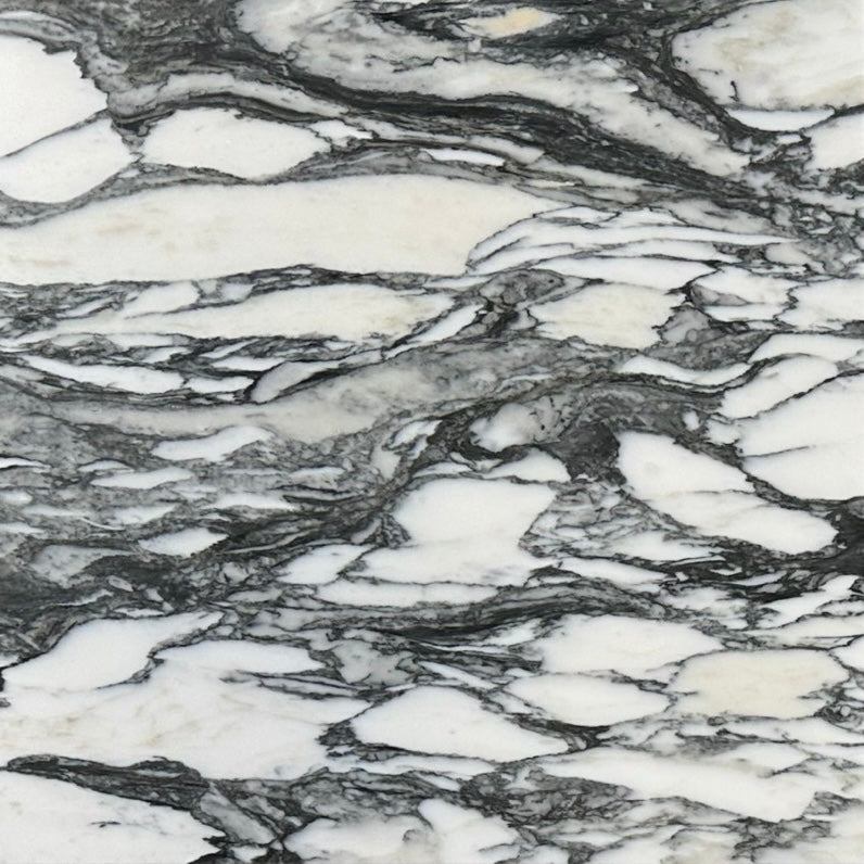 Arabescato Marble: white/grey/black natural stone with bold dark veins and intricate mineral patterns.
