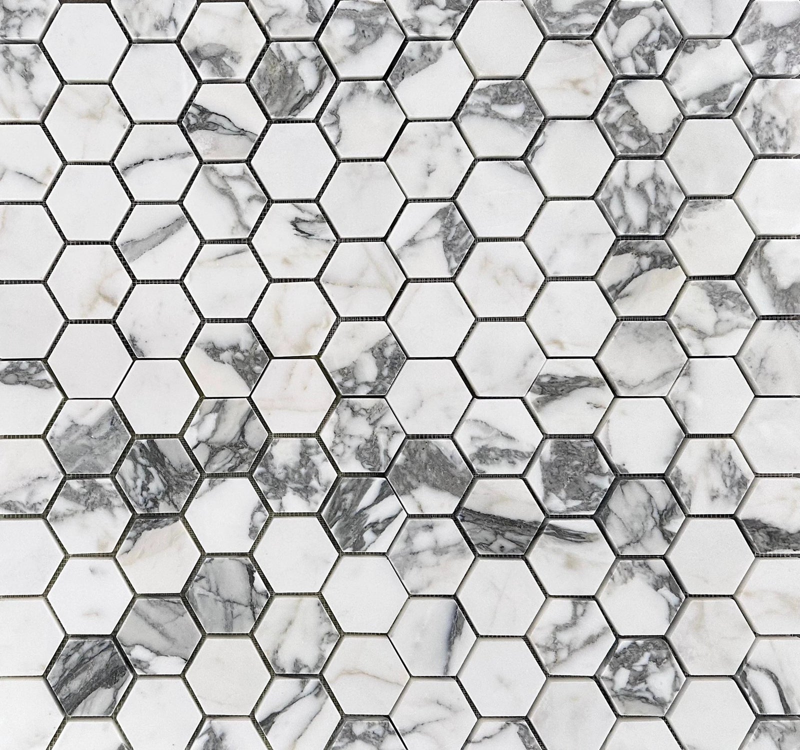 Arabescato Marble hexagon mosaic sheet, white with gray veining, 2-inch tiles by Tilehouz for wall and ceiling use