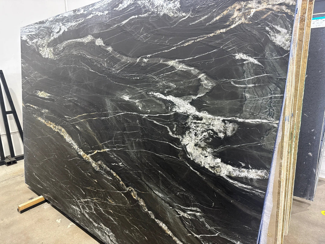 Granite Belvedere leathered slab countertop, dark gray with white veining, Tilehouz 118x78