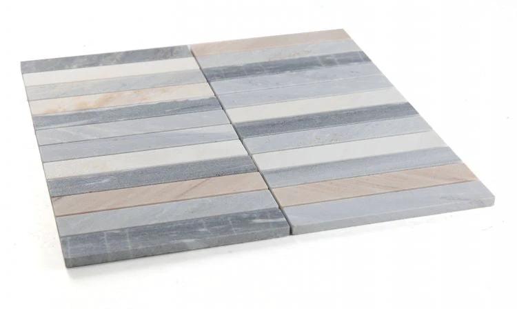 Slot Blue marble wall tile 11.75 x 11.75 by Tilehouz, two blue-gray striped mosaic tiles