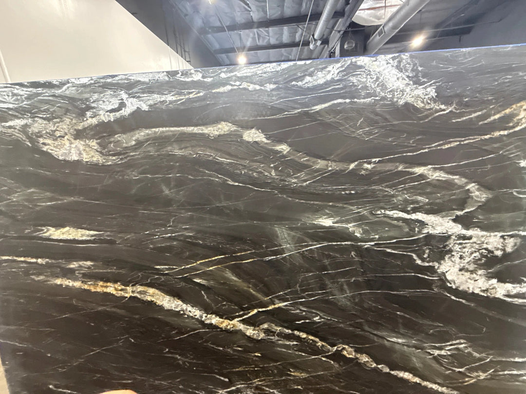 Granite Belvedere Leathered Slab by Tilehouz, dark black with white and gold veining, 118x78.