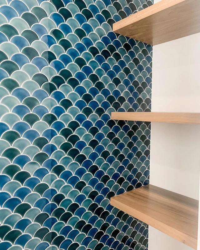 Blue-green porcelain scallop mosaic tile by Tilehouz for wall &amp; ceiling.
