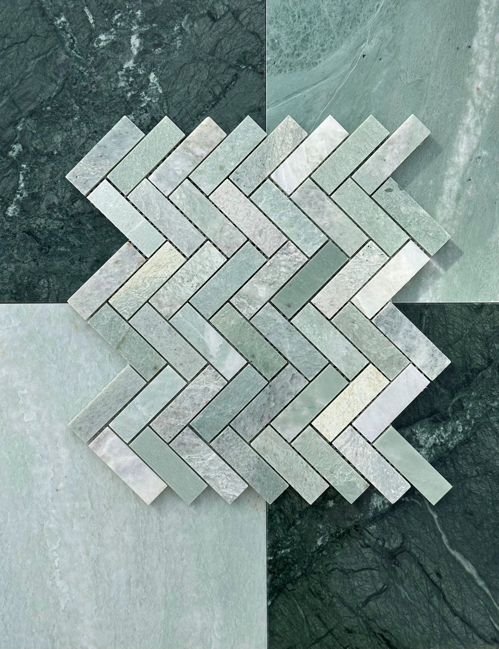 Ming Green Marble 1x3 Herringbone Mosaic wall tile by Tilehouz