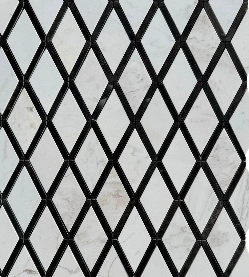 Carrara White Marble 2x4 diamond mosaic tile with Nero Marquina border for walls