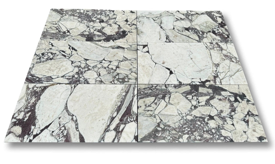 Calacatta Viola marble tile sheet (6 tiles), white with dramatic gray-purple veining, 12x24 for walls