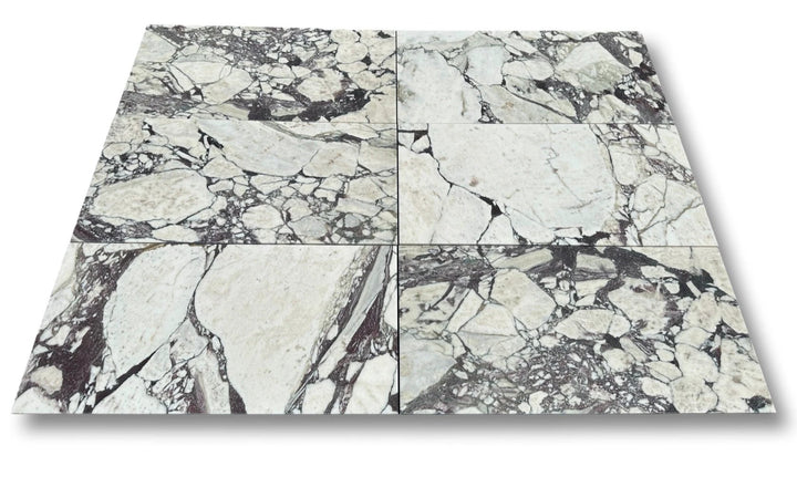 Calacatta Viola marble tile sheet (6 tiles), white with dramatic gray-purple veining, 12x24 for walls