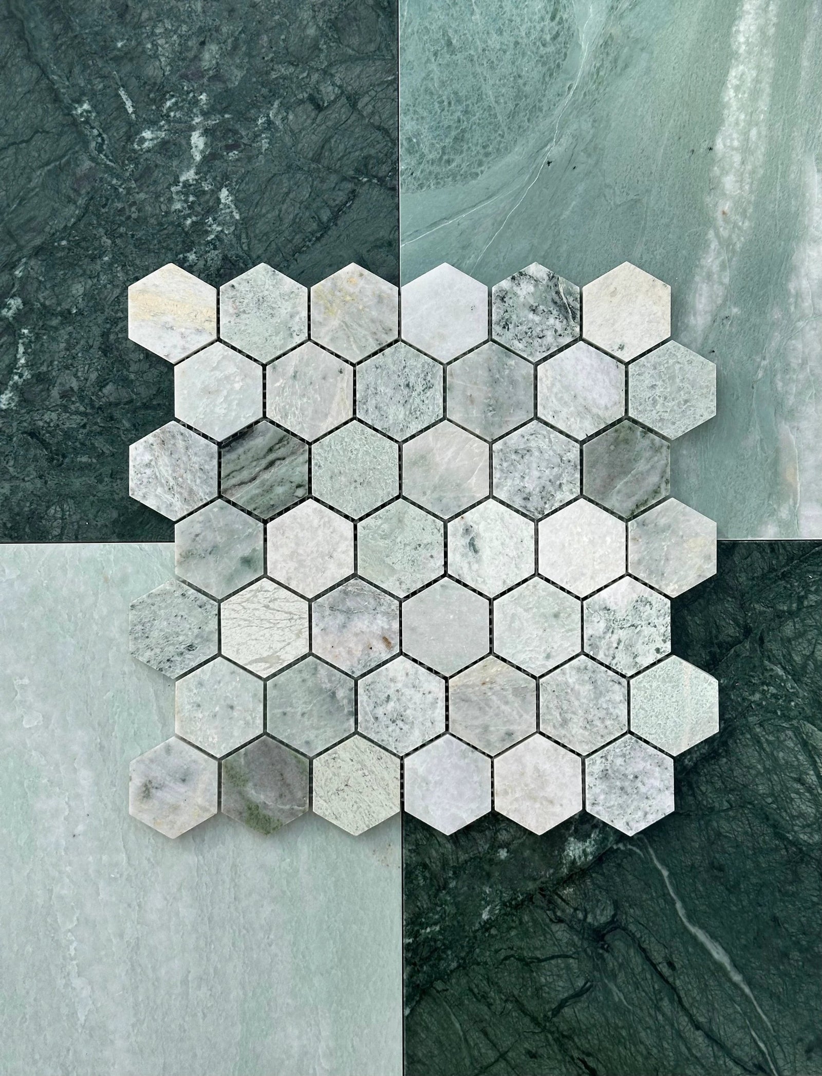 Ming Green Marble 2-inch Hexagon Mosaic tile by Tilehouz for wall and ceiling use.
