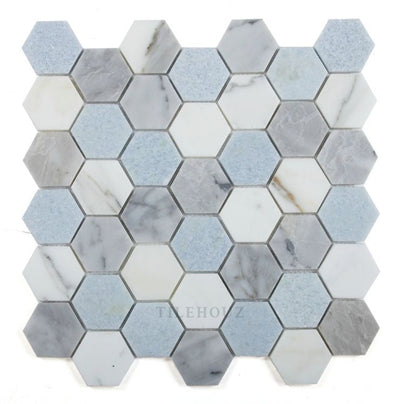 2 Hexagon Livid Carrara & Bardiglio Blue Crystal Polished Marble Mosaic