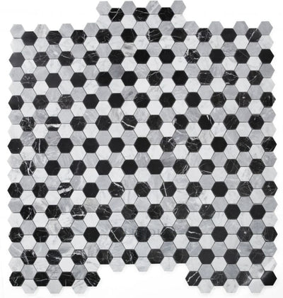 2 Hexagon Moonlight Calacatta White & Grey Nero Marquina Polished Marble Mosaic