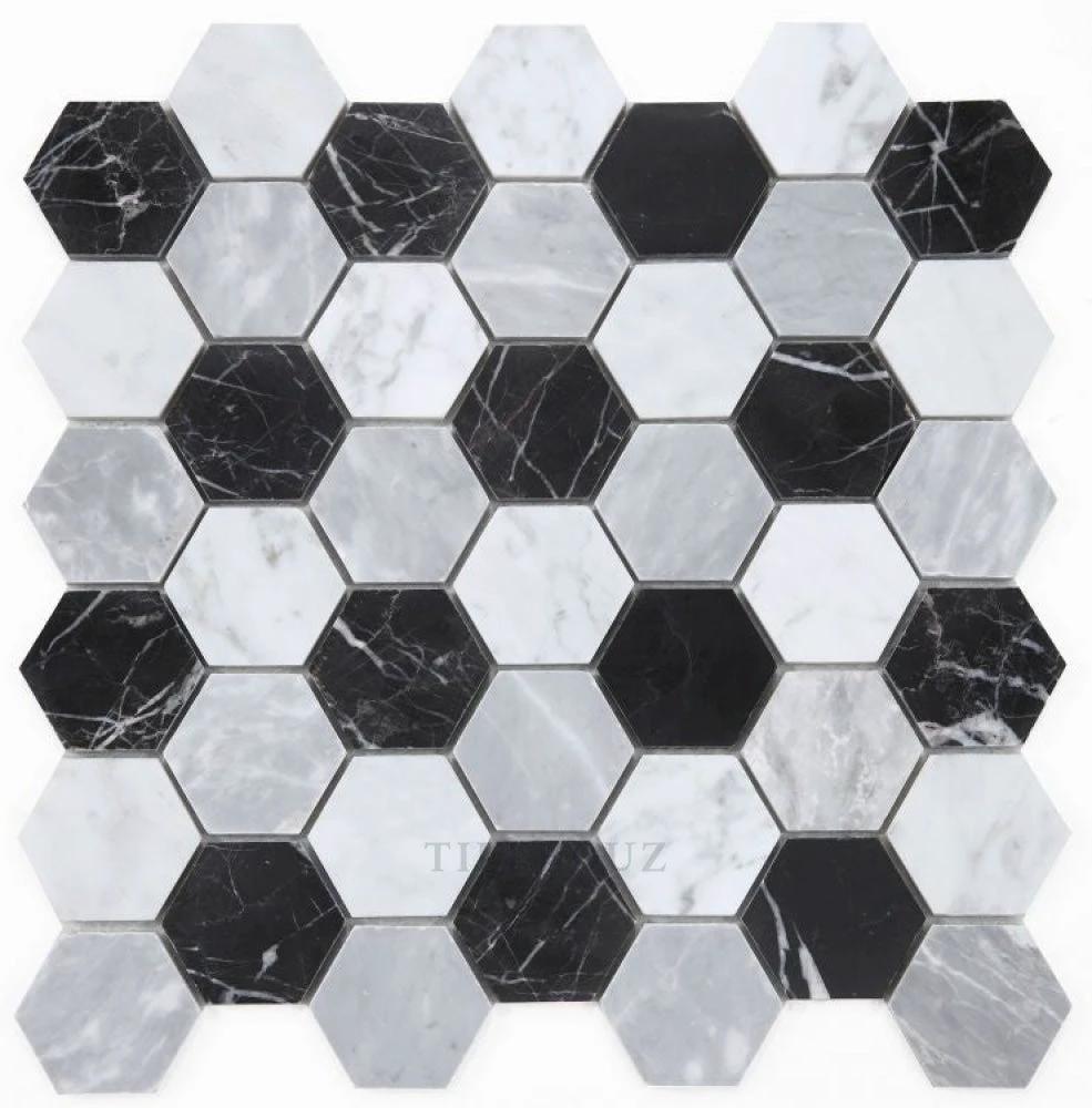 Marble hexagon mosaic tile, 2-inch Moonlight Calacatta white with grey veining and Nero Marquina black, polished Tilehouz Wall & Ceiling Tile
