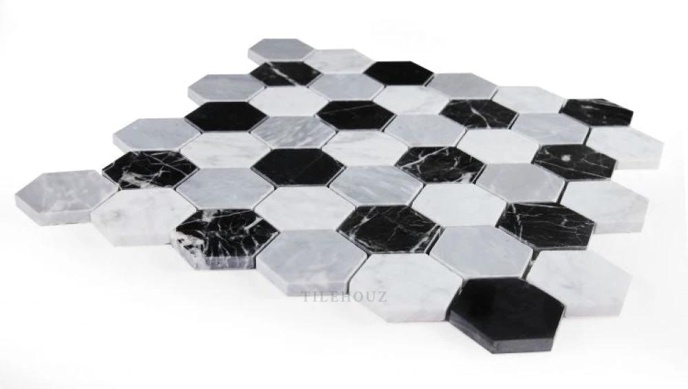 Tilehouz 2-inch hexagon marble mosaic in Moonlight Calacatta White & Grey and Nero Marquina black for wall/ceiling tile