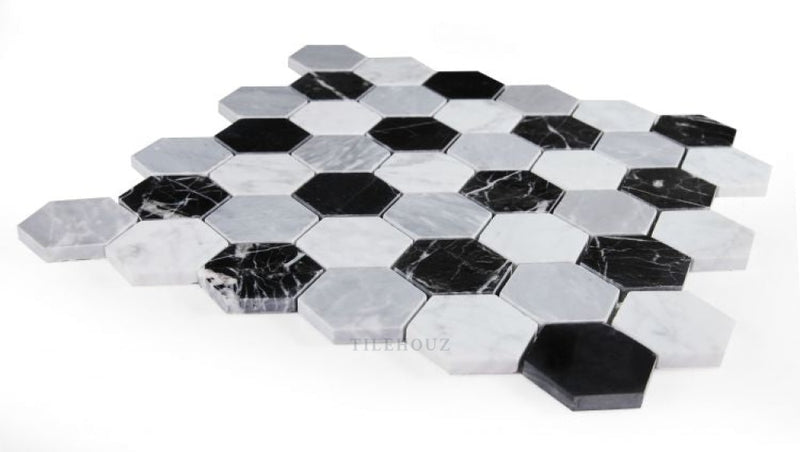 2 Hexagon Moonlight Calacatta White & Grey Nero Marquina Polished Marble Mosaic