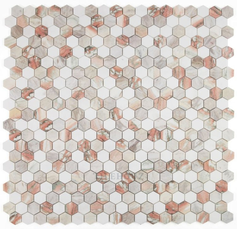 2 Hexagon Rose Thassos & Rosa Norvegia Polished Marble Mosaic