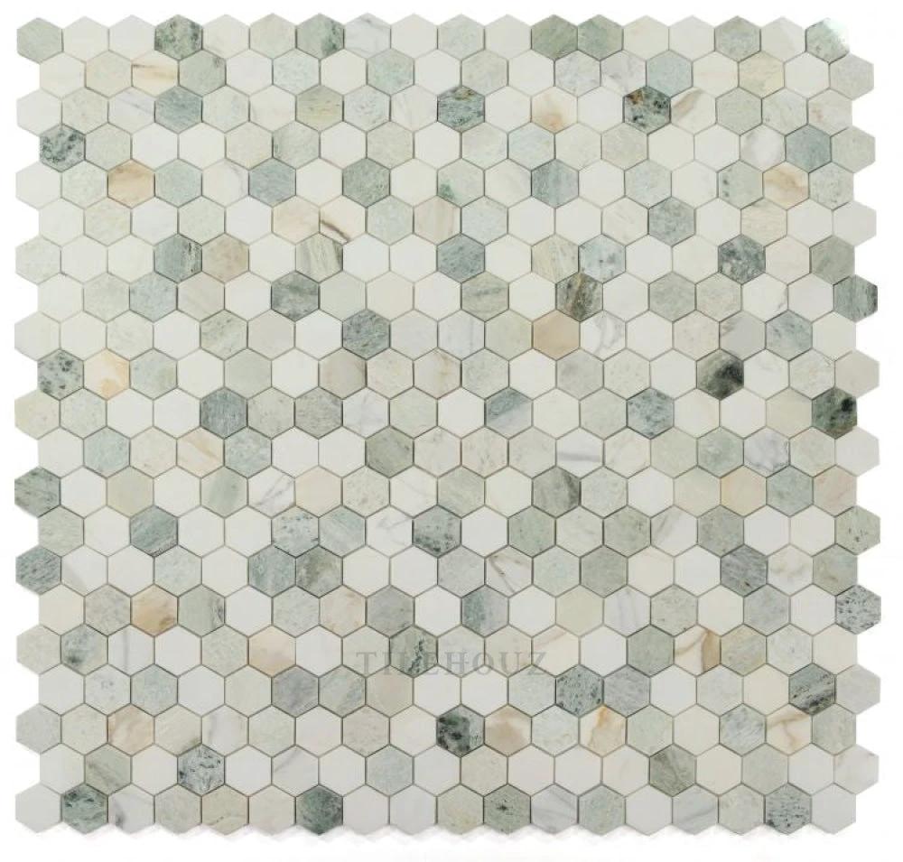 2-in hexagon spring green and white marble polished mosaic tile by Tilehouz for walls
