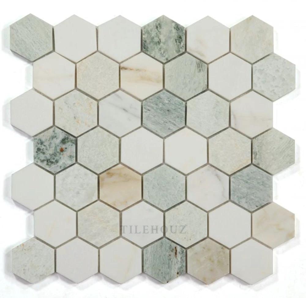 2” Hexagon Spring Green & White Marble Polished Mosaic tile by Tilehouz