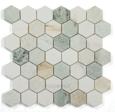 2 Hexagon Spring Green & White Marble Polished Mosaic