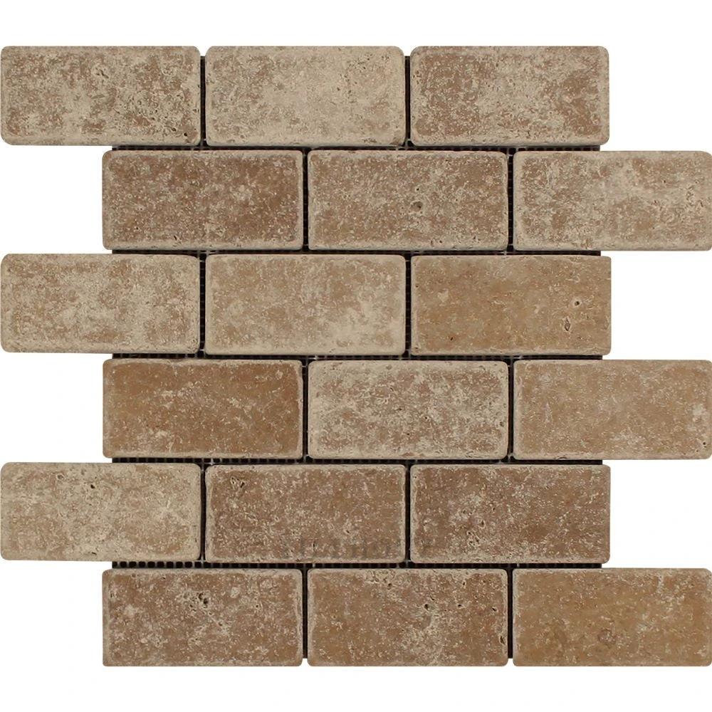 2x4 tumbled Noce travertine brick mosaic tile by Tilehouz for walls and ceilings