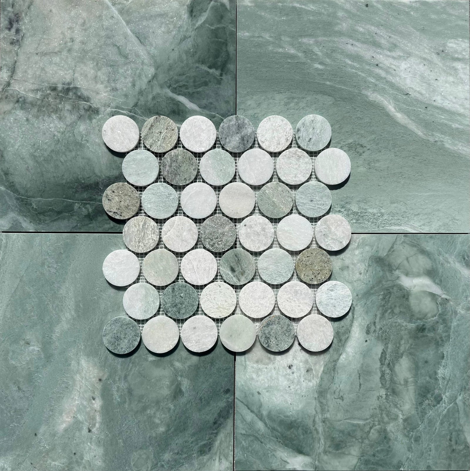 Ming Green Marble 2-inch penny mosaic discs on mesh sheet