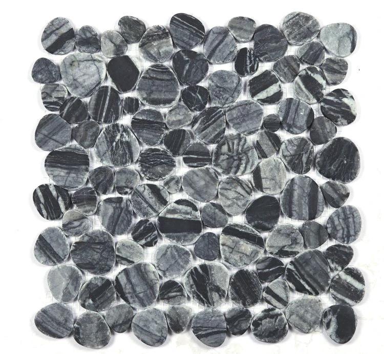 Tilehouz Aphrodite Dark Grain 12x12 wall tile mosaic; dark gray round pebble stones