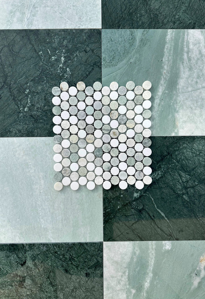 Tilehouz Ming Green marble 1-inch mix penny mosaic, honed finish for wall &amp; ceiling tile