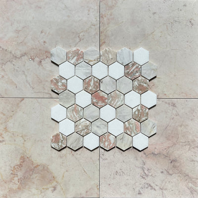 2” Hexagon Rose Thassos & Rosa Norvegia Polished Marble Mosaic