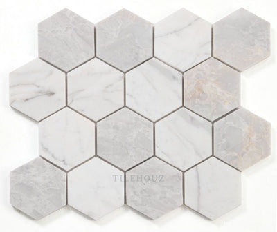 Hexagon City Grey 3 X Carrara & Bardiglio Marble Polished Mosaic
