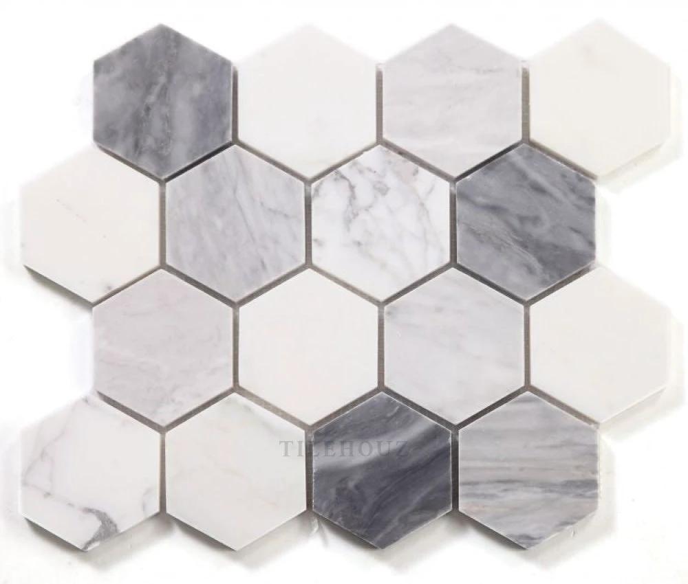 3-inch hexagon Dusk marble mosaic tile by Tilehouz; Carrara, Thassos & Bardiglio, honed