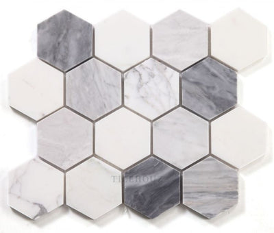 3 Hexagon Dusk X Carrara & Thassos Bardiglio Honed Marble Mosaic