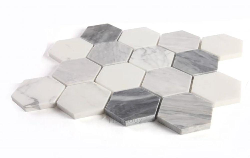 Tilehouz 3 in hexagon Dusk marble mosaic tile set in Carrara, Thassos and Bardiglio (honed)