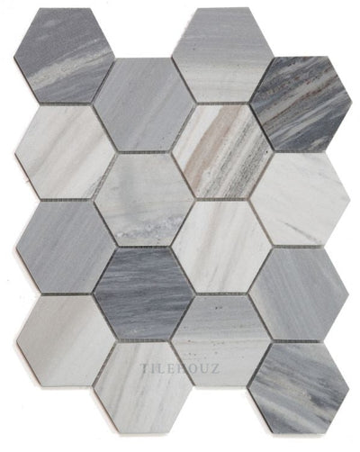 3 Hexagon Italian Blue Polished Palissandro Marble Mosaic