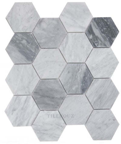 3 Hexagon Mix Grey Honed Italian Marble Mosaic