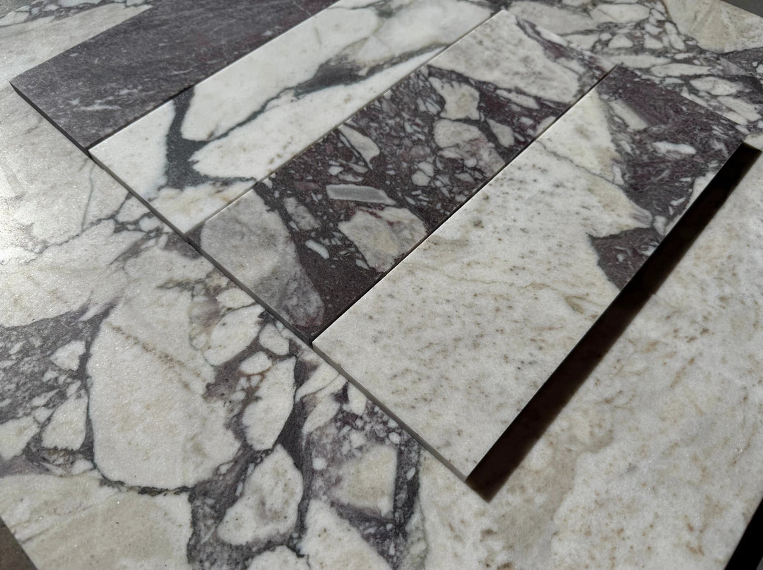 Calacatta Viola Marble Tile 4x12, white base with purple veining