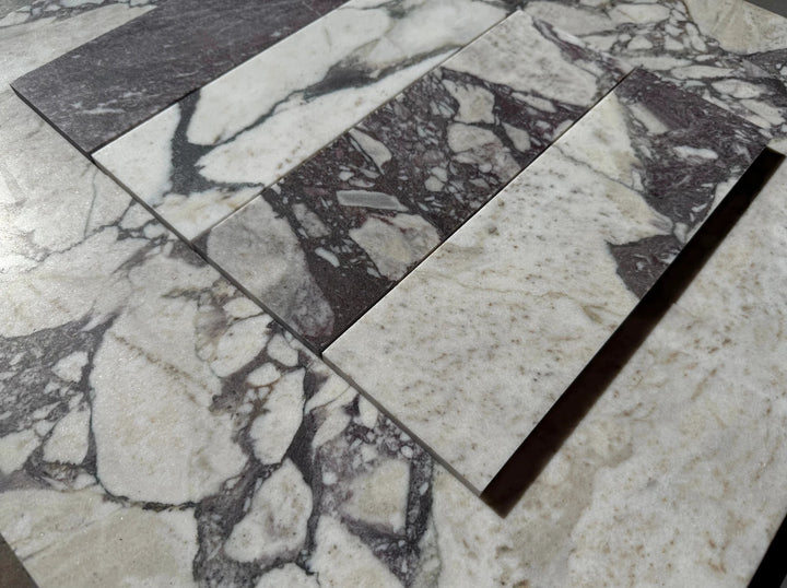 Calacatta Viola Marble Tile 4x12, white base with purple veining