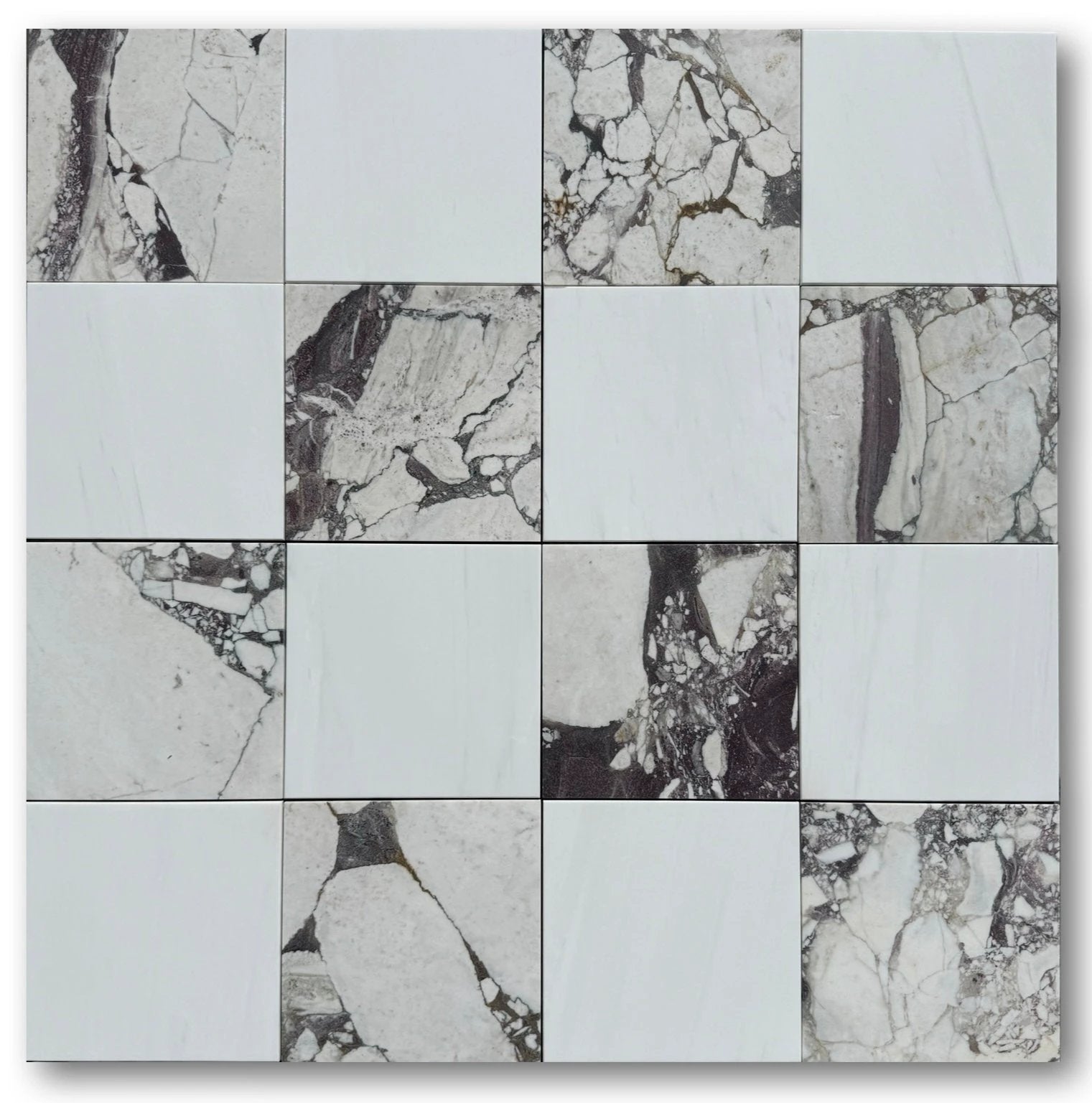 Checkerboard marble tile by Tilehouz; Calacatta Viola and Bianco Dolomite for wall/ceiling, 16-tile grid.