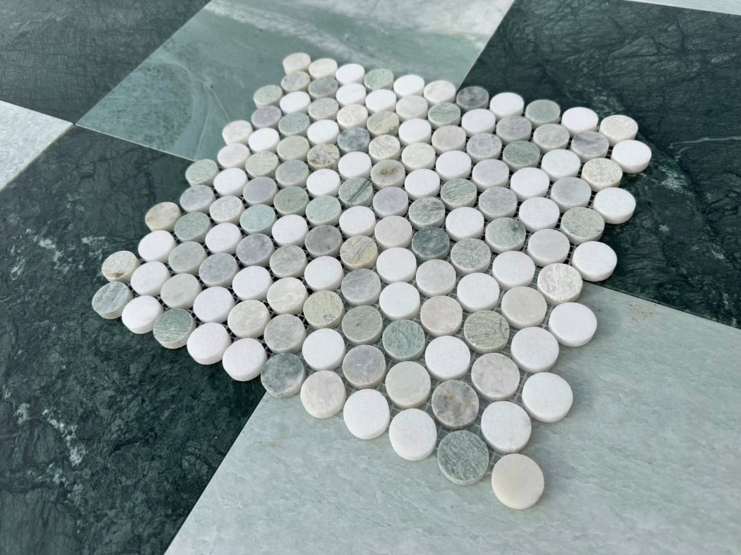 Ming Green Marble 1" Mix Penny Honed Mosaic by Tilehouz for wall and ceiling tile