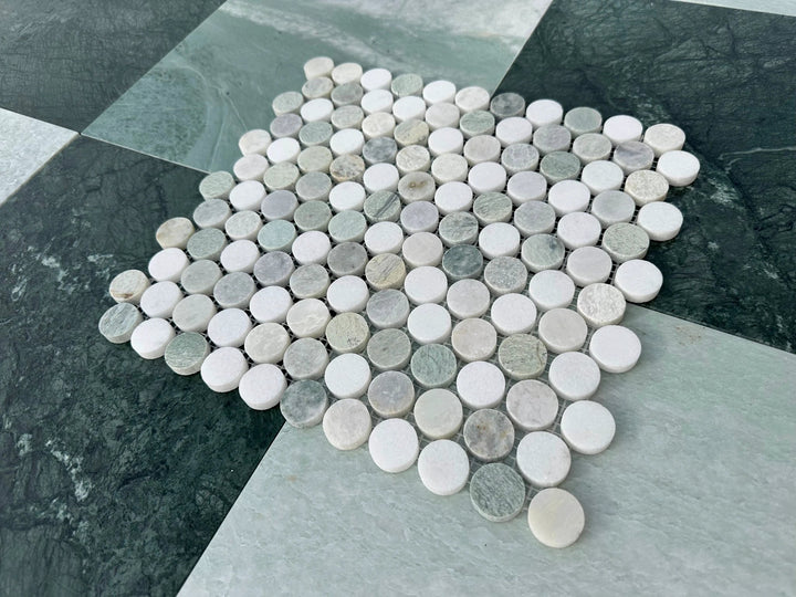 Ming Green Marble 1" Mix Penny Honed Mosaic by Tilehouz for wall and ceiling tile