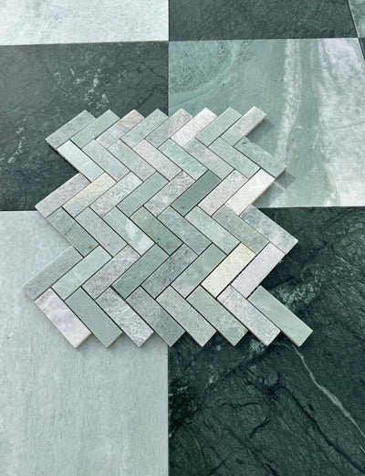 Ming Green Marble 1x3 Herringbone Mosaic