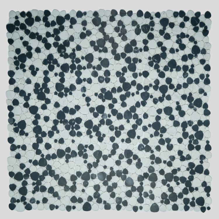 Aphrodite Panda 12x12 wall tile by Tilehouz in milky white marble and blue round pebble mosaic