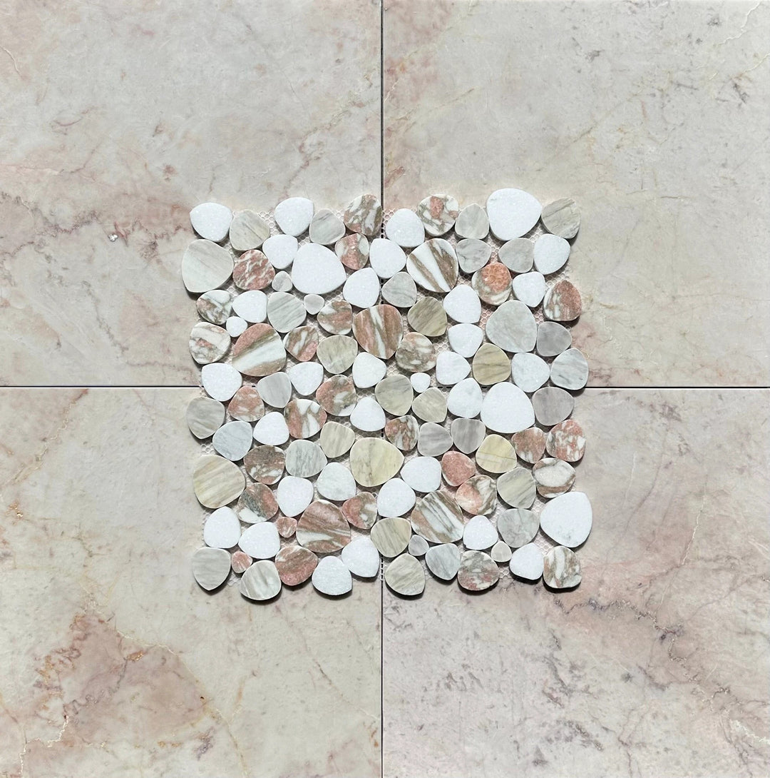 Aphrodite Soft Rose 12 x 12 marble mosaic tile with round pebbles in rose, beige and white tones.