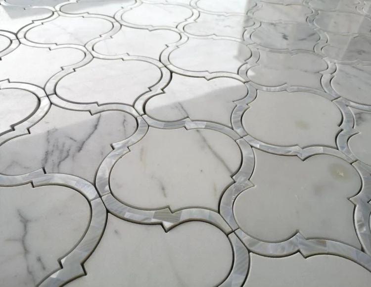 Alice Pearl Calacatta White marble and pearl mosaic tile for wall/ceiling by Tilehouz, 11.5 x 12 with interlocking quatrefoil pattern.