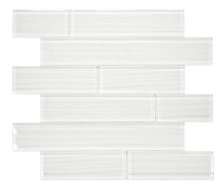Glass mosaic tile sheet Casale Silver White Multi, 11.75 x 11.75 in, brick-pattern white glass tiles