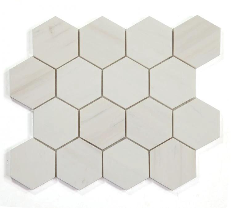 Tilehouz Bianco Dolomite 3-in hexagon marble mosaic tile sheet for walls and ceilings, polished/honed finish.