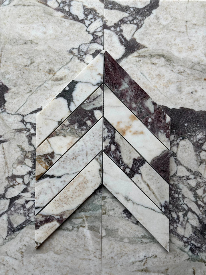 Calacatta Viola marble 2x8 chevron mosaic wall tiles by Tilehouz