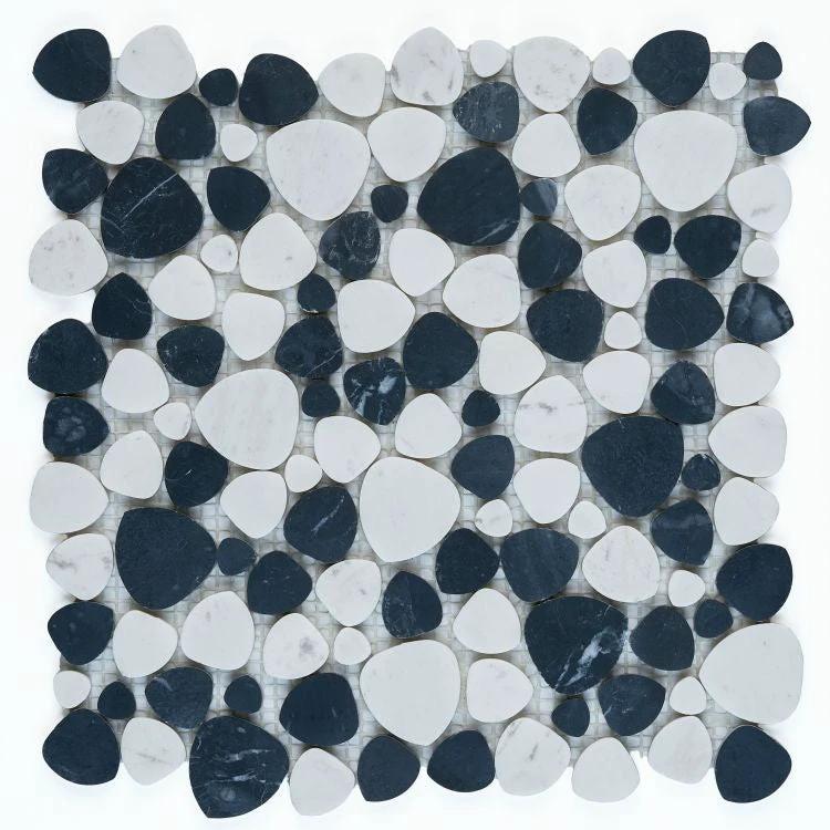 Aphrodite Panda 12x12 mosaic tile with milky white marble and blue pebbles by Tilehouz