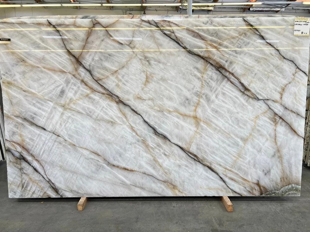 Tilehouz Cristallo Slab Bianco Exotic polished countertop slab, white with gray and gold veining, 126 x 75 cm.